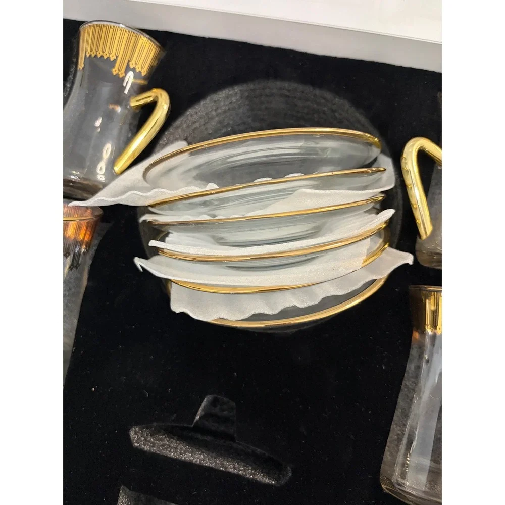 Otantik Home Mirral Turkish Tea Set 6 Cups 6 Saucers Gold Trim Glass Boxed New